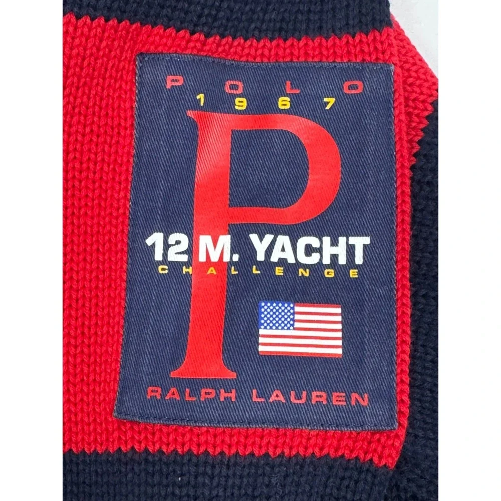 Polo Ralph Lauren 12.M Yacht Challenge Sweater Men XL Navy Red Stripe Shawl Neck